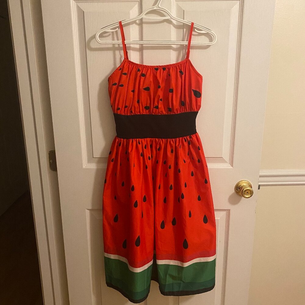 Midi Red Dress with Adjustable Straps, Fitted Waist, Watermelon Pattern Size S